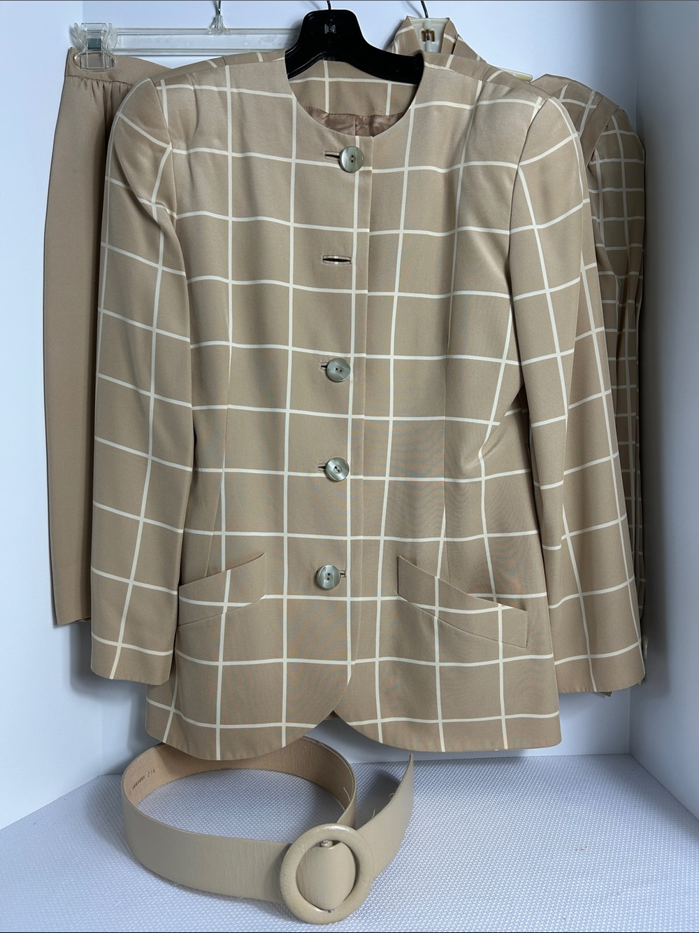 David Hayes 5 Piece Set Silk Blazer Blouse Skirt Belt Scarf Checkered Suit Sz 10